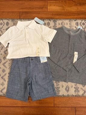 Cat & Jack White Polo, Gray Long-Sleeve Tee & Blue Shorts Set